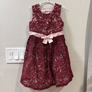 Bonnie Jean Burgundy Lace Dress with Pink Satin Sash